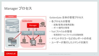 Copyright © 2016 Oracle and/or its affiliates. All rights reserved. |
Capture プロセス
• DB変更情報を取得し、Trail ファイル へ更新データを出力するプロセス
• 取得元は構成やモードにより異なる
– トランザクション・ログ、ソースDB、サードパーティの取得モジュール など
• Capture プロセスのモード
9
Classic Capture
• Oracle GoldenGate がサポートする全データベース
で利用可能
• トランザクション・ログから変更履歴を抽出
• Oracle Database のみで利用可能
• DBの機能 (Database LogMining Server) を使って変
更履歴を抽出
• RAC / DG / RMAN / ASM / TDE,TSE 等のOracle
Database 機能との親和性
• 圧縮 / XA対応
Integrated Capture (11.2-)
 