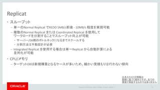 Copyright © 2016 Oracle and/or its affiliates. All rights reserved. |
多重化の考え方
• Replicatのみ
– Replicatのみスループット
が追いつかない状況
– DataPumpの転送までは
DB全体のトランザクション
順序を保証
• Captureから多重化
– 同一DB上で優先度の異なる
複数業務が動いている場合
– 業務単位でCaptureから分ける
27
Capture
Trail file
Replicat
DataPump Replicat
Replicat
Trail file
Capture
Trail file
DataPump Replicat
Trail file
Capture
Trail file
DataPump Replicat
Trail file
Capture
Trail file
DataPump Replicat
Trail file
 