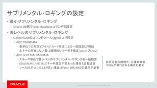 Copyright © 2016 Oracle and/or its affiliates. All rights reserved. |
GoldenGateのパラメータ設定
• Manager / Capture / Data Pump / Replicat のパラメータを指定します
• サンプルパラメータを使用して、代表的な設定例を紹介します
– Oracle GoldenGate Best Practices: sample parameter files (Doc ID 1321696.1)
31
 