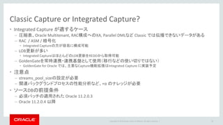 Copyright © 2016 Oracle and/or its affiliates. All rights reserved. |
外部サーバー構成
• ソースDBとは異なるサーバーでGoldenGateの
Captureを稼働させることが可能
• ソースDBへのGoldenGate導入が不要になる
• デメリットも多い
– 外部サーバーのコスト
– 設定工数の増加
– 性能劣化（リアルタイム性・スループット）
• ソースDBへのGoldenGate導入を基本に考え、
どうしても許容されない場合のみ外部サー
バー構成を検討する
35
Capture
Trail file
• 外部サーバーからキャプチャ
– Archive Log Only (ALO / Classic Capture)
– Downstream (Integrated Capture)
– 外部サーバーからオンラインREDOをキャプチャ(Classic )
– Active Data Guardスタンバイからキャプチャ
(Classic/GoldenGate12.1)
– 外部サーバーからオンラインREDOをキャプチャ(Integrated)
• それぞれの手法に外部サーバーの前提条件あり
（マニュアル参照）
• ソースDBへのサプリメンタル・ロギング設定は必須
• ソースDBがIBM AIX HACMPのIP切り替え方式で構成され
ている場合は、外部サーバー構成が必須
 