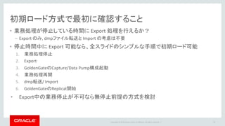 Copyright © 2016 Oracle and/or its affiliates. All rights reserved. |
業務稼働中の初期ロード方式
• 以下の2つの方法から検討
– SCNレベルの断面を取得
• Replicat起動時に適用開始SCNを指定
GGSCI> start replicat <Replicat名> aftercsn <SCN番号>
– キー制約の使用
• ReplicatのパラメータにHANDLECOLLOSIONSオプションを使用
44
 