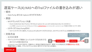 Copyright © 2016 Oracle and/or its affiliates. All rights reserved. |
遅延ケース(5):ラージトランザクションのキャプチャ
72
• CaptureがラージトランザクションをTrailファイルに書き出すまでに時間がかかる
CACHESIZEMAX
（環境によるが、
CACHESIZEの2倍弱程度）
未コミットの
トランザクション
サイズ
Tx 1
Tx 2
Tx 3
Tx 4
Tx n
キャッシュ
（管理仮想メモリー・プール）
オンデマンドで
割り当てられる
DIMMSWAP
OS仮想メモリ空間
CACHESIZE
キャッシュサイズの増加
• ページング発生を抑止
トランザクションサイズの監視
• “send extract CACHEMGR
CACHESTATS”コマンドの “vm used
max”（利用仮想メモリの最大値）
CACHEDIRECTORY
（デフォルトはインス
トールディレクトリ配
下のdirtmp）
• CACHESIZE/CACHESIZEMA
Xを超えると、ディスクに
書き出す（ページング）
• ページング動作は、各閾
値を利用して2段階で行
われる
ディスクI/O性能の改善
• CACHEDIRECTORYを「IO性能が高
いディスク」に配置
 