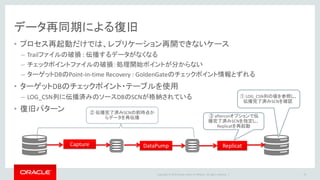 Copyright © 2016 Oracle and/or its affiliates. All rights reserved. |
データ再同期による復旧
• GLOBALSファイルに以下のパラメータを入れることで、
Replicatは常にチェックポイントテーブルを参照しながら起動
• Replicat起動時にチェックポイントテーブルを
参照するよう明示的に指定することも可能
• これらの機能を使用することで、チェックポイントテーブルの参照が不要になる
• Integrated Replicatはチェックポイントテーブルは持たずに、内部的に適用状況を管理
76
_csnfiltering on
GGSCI> start replicat <name> filterduptransactions
 