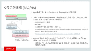 Copyright © 2016 Oracle and/or its affiliates. All rights reserved. |
Oracle DB環境の確認
• マニュアルベースで「伝播できないデータ/処理」が無いかを確認
• 以降のマトリクスの見方
– ○：問題なし
– *：異なる構成間や変換処理を含む伝播で一部制限あり。マニュアル参照
– Fetch：設定や構成方法により、REDOではなく実データからのキャプチャ。マニュアル参照
– △：一部の設定で伝播不可。マニュアル参照
– ×：未対応
• 伝播対象オブジェクトの精査
– クエリ・オフローディング / データ連携 ： ターゲット側の処理で必要な表は？
– 移行 / DR ： 伝播不要な表は無いか？ テスト用スキーマの残骸、バッチ処理の一時表・中間表など
– 事前に精査することで、環境確認の負荷が減り、レプリケーションも軽量化できる可能性があります
9
 