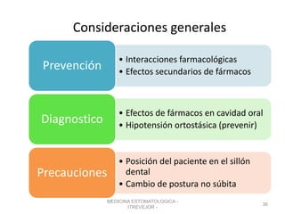 Consideraciones generales
• Interacciones farmacológicas
• Efectos secundarios de fármacos
Prevención
• Efectos de fármacos en cavidad oral
• Hipotensión ortostásica (prevenir)
Diagnostico
• Posición del paciente en el sillón
dental
• Cambio de postura no súbita
Precauciones
MEDICINA ESTOMATOLOGICA -
ITREVEJOR -
36
 