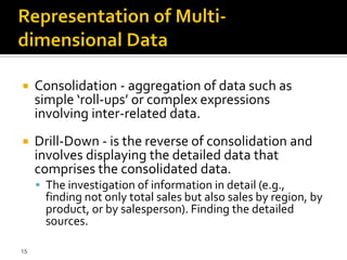     Consolidation - aggregation of data such as
     simple ‘roll-ups’ or complex expressions
     involving inter-related data.
    Drill-Down - is the reverse of consolidation and
     involves displaying the detailed data that
     comprises the consolidated data.
      The investigation of information in detail (e.g.,
       finding not only total sales but also sales by region, by
       product, or by salesperson). Finding the detailed
       sources.

15
 
