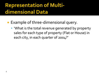    Example of three-dimensional query.
         ‘What is the total revenue generated by property
         sales for each type of property (Flat or House) in
         each city, in each quarter of 2004?’




6
 