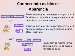Conhecendo os blocos
Aparência
Escreva o que quer que seu personagem fale. A
fala levará a quantidade de segundos que você
determinar para desaparecer.
Escreva o que quer que seu personagem fale. A
fala só desaparecerá se você clicar no mesmo
bloco, mas vazio.
Funcionam da mesma forma
que os anteriores, só muda o
formato do balão.
 