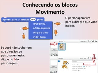 Conhecendo os blocos
Movimento
O personagem vira
para a direção que você
indicar.
Se você não souber em
que direção seu
personagem está,
clique no i do
personagem.
 