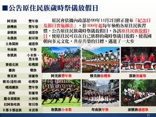 10
■公告原住民族歲時祭儀放假日
阿美族 豐年祭
排灣族 豐年祭
泰雅族 感恩祭
布農族 射耳祭
太魯閣族 感恩祭
卑南族 年祭
魯凱族 小米祭、
黑米祭
賽德克族 收穫節
鄒族 戰祭
賽夏族 矮靈祭
雅美(達悟)族 收穫祭
噶瑪蘭族 豐年祭
邵族 祖靈祭
撒奇萊雅族 火神祭
拉阿魯哇族 聖貝祭
卡那卡那富族 米貢祭
阿美族豐年祭
魯凱族小米祭
雅美族收穫祭
卑南族年祭
邵族祖靈祭
泰雅族感恩祭
原民會依據內政部於99年11月2日修正發布「紀念日
及節日實施辦法」，於100年起每年參酌各原住民族習
慣，公告原住民族歲時祭儀放假日，各該原住民族放假1
日，使原住民可以在自己族群的歲時祭儀日放假，使我國
朝向多元文化，共存共榮的目標，邁進了一大步
行
政
院
行
政
院
第
3482次
院
會
會
議
1891C0564FDDE9BE
 