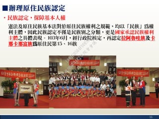 11
■辦理原住民族認定
‧民族認定，保障基本人權
憲法及原住民族基本法對於原住民族權利之規範，均以「民族」為權
利主體，因此民族認定不僅是民族別之分類，更是國家承認民族權利
主體之具體表現。103年6月，經行政院核定，再認定拉阿魯哇族及卡
那卡那富族為原住民第15、16族
行
政
院
行
政
院
第
3482次
院
會
會
議
1891C0564FDDE9BE
 