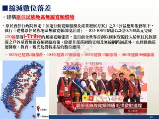 20
■縮減數位落差
‧建構原住民族地區無線寬頻環境
‧原民會於行政院核定「加速行動寬頻服務及產業發展方案」之3.4公益應用服務項下，
執行「建構原住民族地區無線寬頻環境計畫」。103-106年約計以2億6,780萬元完成
170個部落i-Tribe的無線寬頻建置，是目前全世界首創以國家資源投入於原住民族部
落之戶外免費無線寬頻網路政策，除提升部落網路寬頻及無線網路涵蓋外，也將推動巡
迴醫療、教育、觀光及農特產品的數位應用
‧103年已建置8個部落，104年建置47個部落，105年建置45個部落，106年建置90個部落
行
政
院
行
政
院
第
3482次
院
會
會
議
1891C0564FDDE9BE
 