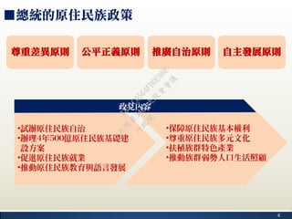 4
■總統的原住民族政策
尊重差異原則 公平正義原則 推廣自治原則 自主發展原則
•試辦原住民族自治
•辦理4年500億原住民族基礎建
設方案
•促進原住民族就業
•推動原住民族教育與語言發展
•保障原住民族基本權利
•尊重原住民族多元文化
•扶植族群特色產業
•推動族群弱勢人口生活照顧
政見內容
行
政
院
行
政
院
第
3482次
院
會
會
議
1891C0564FDDE9BE
 