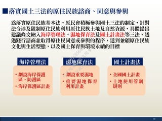 40
為落實原住民族基本法，原民會積極參與國土三法的制定，針對
法令涉及限制原住民族利用原住民族土地及自然資源，具體提出
建議條文納入海岸管理法、濕地保育法及國土計畫法等三法，透
過踐行諮商並取得原住民同意或參與的程序，達到兼顧原住民族
文化與生活型態，以及國土保育與環境永續的目標
■落實國土三法的原住民族諮商、同意與參與
海岸管理法 濕地保育法 國土計畫法
• 劃設海岸保護
區、防護區
• 海岸保護區計畫
• 劃設重要濕地
• 重 要 濕 地 保 育
利用計畫
• 全國國土計畫
• 土地使用管制
規則
行
政
院
行
政
院
第
3482次
院
會
會
議
1891C0564FDDE9BE
 