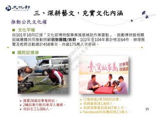 15
三、深耕藝文，充實文化內涵
 已蒐錄逾1萬700則故事。
 官網會員達1,869人。
 官網瀏覽量超過447萬人次。
 Facebook粉絲團超過2.1萬人。
 建置28處故事蒐錄站。
 2輛故事行動列車深入偏鄉。
 培訓志工1,006人。
推動公民文化權
 文化平權
自101年10月訂頒「文化部博物館事業推展補助作業要點」，鼓勵博物館相關
組織團體共同推動照顧弱勢團體/族群。102年至104年累計核定64件，辦理展
覽及教育活動總計458場次，共逾175萬人次參與。
 國民記憶庫
行
政
院
行
政
院
第
3496次
院
會
會
議
70783847489CD5A8
 