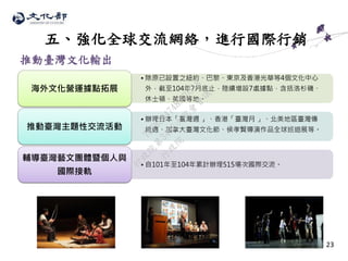 23
五、強化全球交流網絡，進行國際行銷
推動臺灣文化輸出
• 除原已設置之紐約、巴黎、東京及香港光華等4個文化中心
外，截至104年7月底止，陸續增設7處據點，含括洛杉磯、
休士頓、英國等地。
海外文化營運據點拓展
• 辦理日本「臺灣週 」、香港「臺灣月 」、北美地區臺灣傳
統週、加拿大臺灣文化節、侯孝賢導演作品全球巡迴展等。推動臺灣主題性交流活動
• 自101年至104年累計辦理515場次國際交流。
輔導臺灣藝文團體暨個人與
國際接軌
行
政
院
行
政
院
第
3496次
院
會
會
議
70783847489CD5A8
 