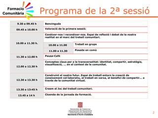 Programa de la 2ª sessió 9.30 a 09.45 h Benvinguda  09.45 a 10.00 h Valoració de la primera sessió. 10.00 a 11.30 h. Conèixer-nos i reconèixer-nos. Espai de reflexió i debat de la nostra realitat en el marc del treball comunitari.  10.00 a 11.00  Treball en grups 11.00 a 11.30  Posada en comú 11.30 a 12.00 h Pausa-Café 12.00 a 12.30 h Conceptes claus per a la transversalitat: identitat, compartir, estratègia, visualització, ... en el context de la comunitat. 12.30 a 13.30 h Construint el nostre futur. Espai de treball entorn la creació de coneixement col·laboratiu, el treball en xarxa, el benefici de compartir... a través de la comunitat virtual.  13.30 a 13:45 h Creem el Joc del treball comunitari. 13.45 a 14 h  Cloenda de la jornada de formació. 