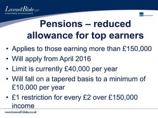 Pensions – reduced
allowance for top earners
• Applies to those earning more than £150,000
• Will apply from April 2016
• Limit is currently £40,000 per year
• Will fall on a tapered basis to a minimum of
£10,000 per year
• £1 restriction for every £2 over £150,000
income
 