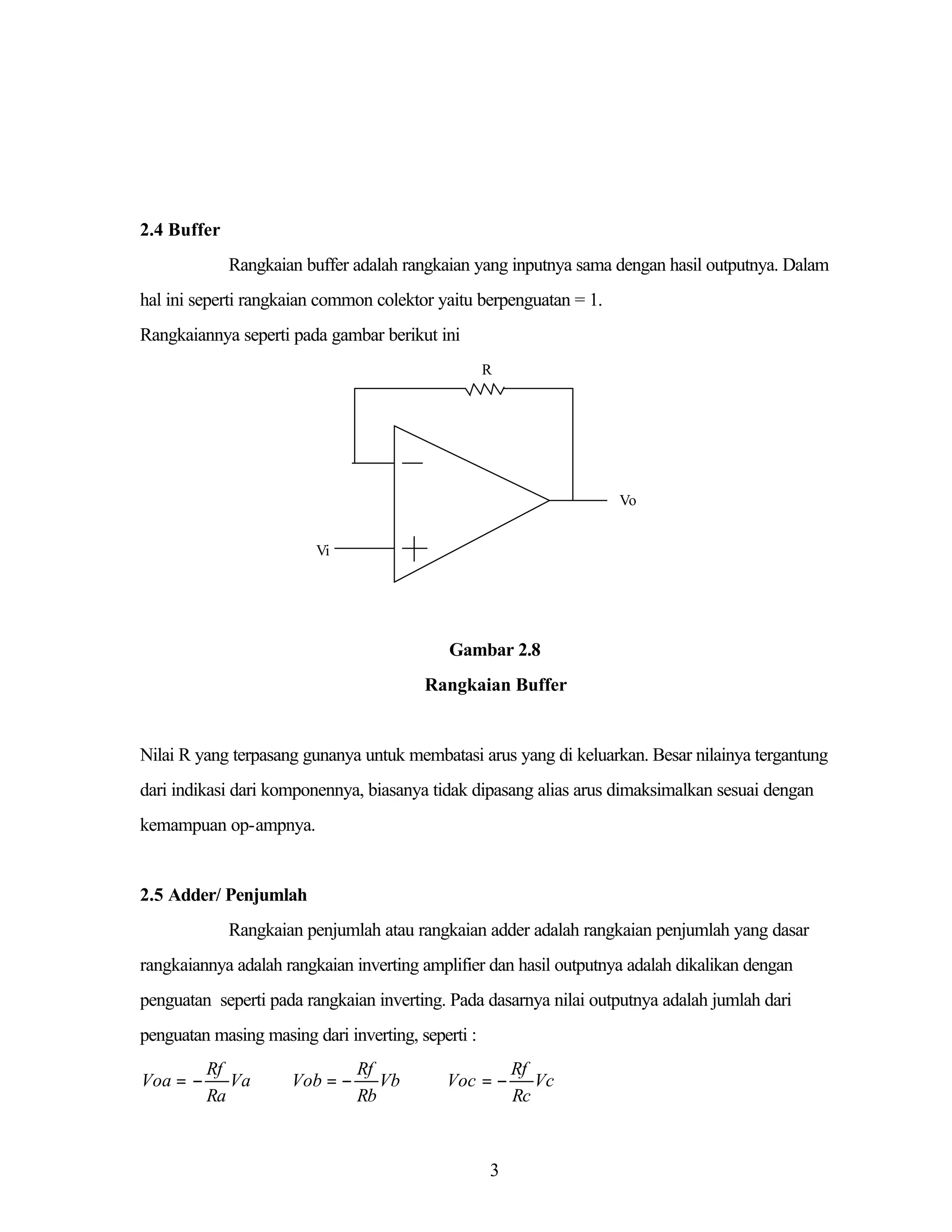 2.4 Buffer
Rangkaian buffer adalah rangkaian yang inputnya sama dengan hasil outputnya. Dalam
hal ini seperti rangkaian common colektor yaitu berpenguatan = 1.
Rangkaiannya seperti pada gambar berikut ini
R

Vo
Vi

Gambar 2.8
Rangkaian Buffer

Nilai R yang terpasang gunanya untuk membatasi arus yang di keluarkan. Besar nilainya tergantung
dari indikasi dari komponennya, biasanya tidak dipasang alias arus dimaksimalkan sesuai dengan
kemampuan op-ampnya.

2.5 Adder/ Penjumlah
Rangkaian penjumlah atau rangkaian adder adalah rangkaian penjumlah yang dasar
rangkaiannya adalah rangkaian inverting amplifier dan hasil outputnya adalah dikalikan dengan
penguatan seperti pada rangkaian inverting. Pada dasarnya nilai outputnya adalah jumlah dari
penguatan masing masing dari inverting, seperti :
Voa = −

Rf
Va
Ra

Vob = −

Rf
Vb
Rb

Voc = −

3

Rf
Vc
Rc

 