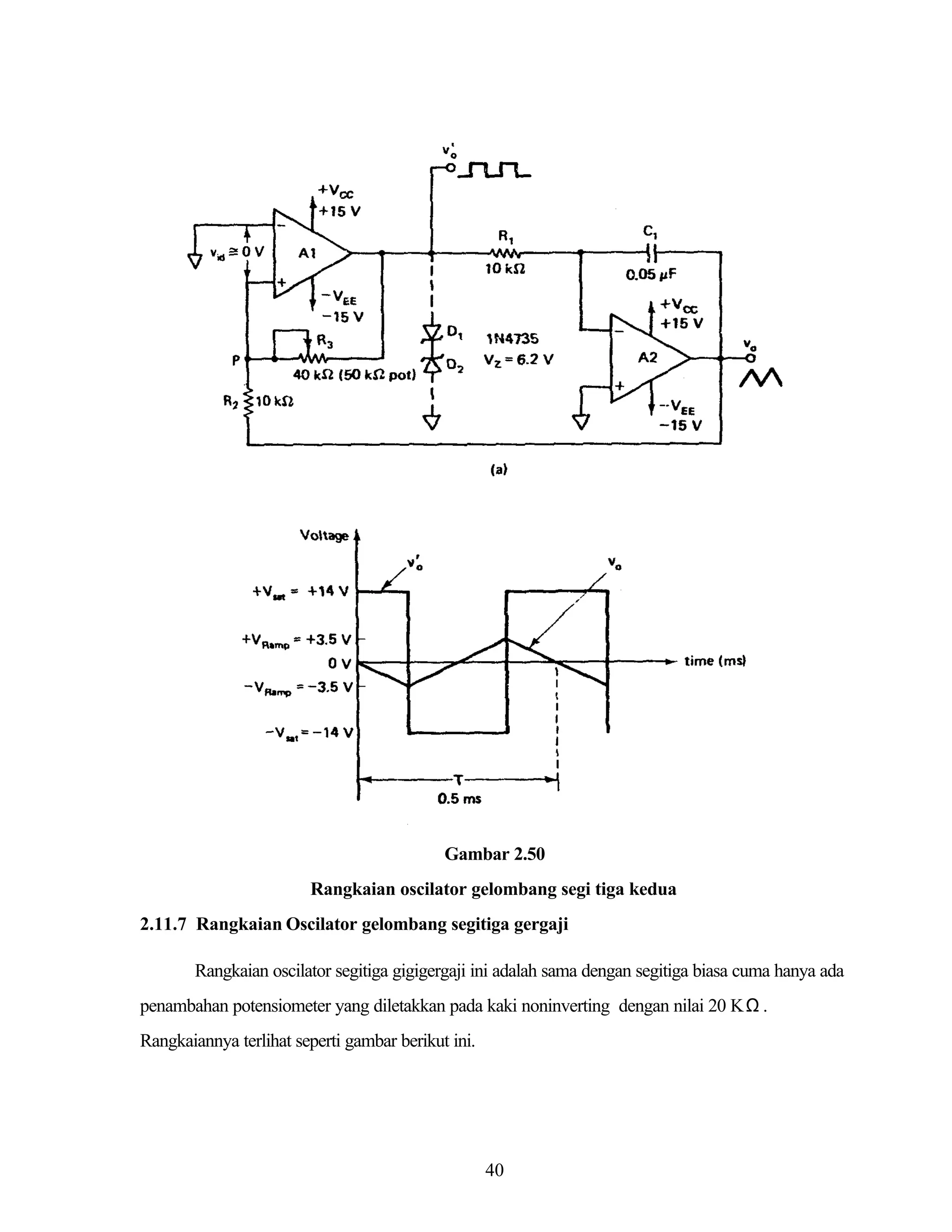 Gambar 2.50
Rangkaian oscilator gelombang segi tiga kedua
2.11.7 Rangkaian Oscilator gelombang segitiga gergaji
Rangkaian oscilator segitiga gigigergaji ini adalah sama dengan segitiga biasa cuma hanya ada
penambahan potensiometer yang diletakkan pada kaki noninverting dengan nilai 20 K Ω .
Rangkaiannya terlihat seperti gambar berikut ini.

40

 