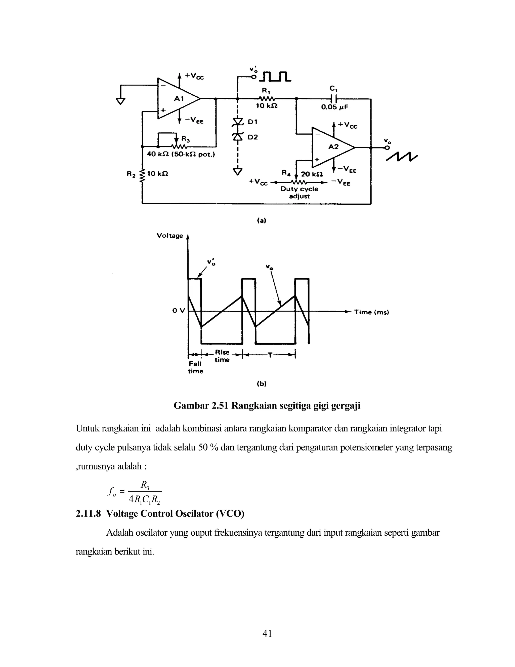Gambar 2.51 Rangkaian segitiga gigi gergaji
Untuk rangkaian ini adalah kombinasi antara rangkaian komparator dan rangkaian integrator tapi
duty cycle pulsanya tidak selalu 50 % dan tergantung dari pengaturan potensiometer yang terpasang
,rumusnya adalah :
R3
4 R1C1R2
2.11.8 Voltage Control Oscilator (VCO)
fo =

Adalah oscilator yang ouput frekuensinya tergantung dari input rangkaian seperti gambar
rangkaian berikut ini.

41

 