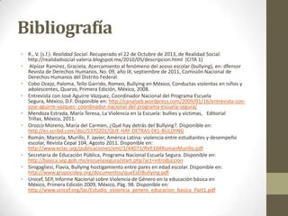 Bibliografía
• R., V. (s.f.). Realidad Social. Recuperado el 22 de Octubre de 2013, de Realidad Social:
http://realidadsocial-valeria.blogspot.mx/2010/05/descripcion.html (CITA 1)
• Alpízar Ramírez, Graciela, Acercamiento al fenómeno del acoso escolar (bullying), en: dfensor
Revista de Derechos Humanos, No. 09, año IX, septiembre de 2011, Comisión Nacional de
Derechos Humanos del Distrito Federal.
• Cobo Ocejo, Paloma, Tello Garrido, Romeo, Bullying en México, Conductas violentas en niños y
adolescentes, Quarzo, Primera Edición, México, 2008.
• Entrevista con José Aguirre Vázquez, Coordinador Nacional del Programa Escuela
Segura, México, D.F. Disponible en: http://canalseb.wordpress.com/2009/01/16/entrevista-conjose-aguirre-vazquez- coordinador-nacional-del-programa-escuela-segura/
• Mendoza Estrada, María Teresa, La Violencia en la Escuela: bullies y víctimas,  Editorial
Trillas, México, 2011.
• Orozco Moreno, María del Carmen, ¿Qué hay detrás del Bullying?. Disponible en:
http://es.scribd.com/doc/5370201/QUE-HAY-DETRAS-DEL-BULLYING
• Román; Marcela, Murillo, F. Javier, América Latina: violencia entre estudiantes y desempeño
escolar, Revista Cepal 104, Agosto 2011. Disponible en:
http://www.eclac.org/publicaciones/xml/3/44073/RVE104RomanMurillo.pdf
• Secretaría de Educación Pública, Programa Nacional Escuela Segura. Disponible en:
http://basica.sep.gob.mx/escuelasegura/start.php?act=introduccion
• Sinigagliesi, Flavia, Bullying hostigamiento entre pares en edad escolar. Disponible en:
http://www.grupocidep.org/documentos/queEsElBullying.pdf
• Unicef, SEP, Informe Nacional sobre Violencia de Género en la educación básica en
México, Primera Edición 2009, México, Pág. 98. Disponible en:
http://www.unicef.org/lac/Estudio_violencia_genero_educacion_basica_Part1.pdf

 