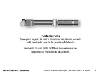 Portamatrices
                Sirve para sujetar la matriz alrededor del diente, cuando
                      está destruida una de la paredes del diente.

                    La matriz es una cinta metálica que evita que se
                            desborde el material de obturación.




The McGraw-Hill Companies              Técnicas de ayuda odontológica y estomatológica / J.M. Morillo   16
 