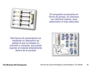 El composite se presenta en
                                                  forma de jeringa, en estuches
                                                    con distintos colores, para
                                                  seleccionar el más adecuado




       Otra forma de presentación es
         mediante un dispositivo de
         pistola al que se adapta un
       cartucho o compule, que puede
      inyectar el material directamente
             dentro de la cavidad




The McGraw-Hill Companies            Técnicas de ayuda odontológica y estomatológica / J.M. Morillo   28
 