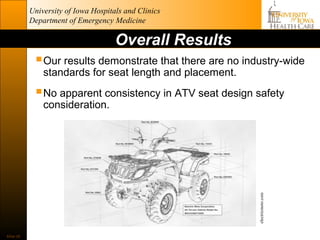 University of Iowa Hospitals and Clinics
           Department of Emergency Medicine

                                     Overall Results
             Our results demonstrate that there are no industry-wide
               standards for seat length and placement.

             No apparent consistency in ATV seat design safety
               consideration.




                                                           electricmoto.com
Slide 28
 