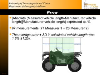University of Iowa Hospitals and Clinics
           Department of Emergency Medicine

                                               Error
            [Absolute (Measured vehicle length-Manufacturer vehicle
             length)]/Manufacturer vehicle length] expressed as %.

            97 measurements (77 Measurer 1 + 20 Measurer 2)
            The average error ± SD in calculated vehicle length was
             1.8% ±1.2%.




Slide 34
 