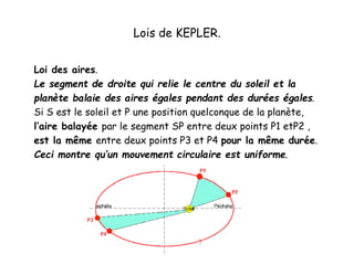 Lois de KEPLER.
Loi des aires.
Le segment de droite qui relie le centre du soleil et la
planète balaie des aires égales pendant des durées égales.
Si S est le soleil et P une position quelconque de la planète,
l’aire balayée par le segment SP entre deux points P1 etP2 ,
est la même entre deux points P3 et P4 pour la même durée.
Ceci montre qu’un mouvement circulaire est uniforme.
 
