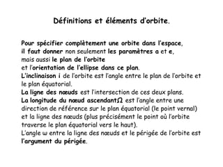 Définitions et éléments d’orbite.
Pour spécifier complètement une orbite dans l’espace,
il faut donner non seulement les paramètres a et e,
mais aussi le plan de l’orbite
et l’orientation de l’ellipse dans ce plan.
L’inclinaison i de l’orbite est l’angle entre le plan de l’orbite et
le plan équatorial.
La ligne des nœuds est l’intersection de ces deux plans.
La longitude du nœud ascendantΩ est l’angle entre une
direction de référence sur le plan équatorial (le point vernal)
et la ligne des nœuds (plus précisément le point où l’orbite
traverse le plan équatorial vers le haut).
L’angle ω entre la ligne des nœuds et le périgée de l’orbite est
l’argument du périgée.
 