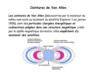Ceintures de Van Allen.
Les ceintures de Van Allen, (découvertes par le monsieur du
même nom suite au lacement du satellite Explorer 1 en janvier
1958), sont des particules chargées énergétiques et
radioactives piégées dans une structure magnétique créée
par le dipôle magnétique terrestre; elles empêchent d’y
maintenir des satellites.
 