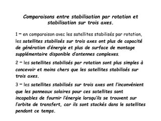 Comparaisons entre stabilisation par rotation et
stabilisation sur trois axes.
1 – en comparaison avec les satellites stabilisés par rotation,
les satellites stabilisés sur trois axes ont plus de capacité
de génération d’énergie et plus de surface de montage
supplémentaire disponible d’antennes complexes.
2 – les satellites stabilisés par rotation sont plus simples à
concevoir et moins chers que les satellites stabilisés sur
trois axes.
3 – les satellites stabilisés sur trois axes ont l’inconvénient
que les panneaux solaires pour ces satellites sont
incapables de fournir l’énergie lorsqu’ils se trouvent sur
l’orbite de transfert, car ils sont stockés dans le satellites
pendant ce temps.
 