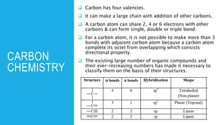 CARBON
CHEMISTRY
 Carbon has four valencies.
 It can make a large chain with addition of other carbons.
 A carbon atom can share 2, 4 or 6 electrons with other
carbons & can form single, double or triple bond.
 For a carbon atom, it is not possible to make more than 3
bonds with adjacent carbon atom because a carbon atom
complete its octet from overlapping which consists
directional property.
 The existing large number of organic compounds and
their ever-increasing numbers has made it necessary to
classify them on the basis of their structures.
 