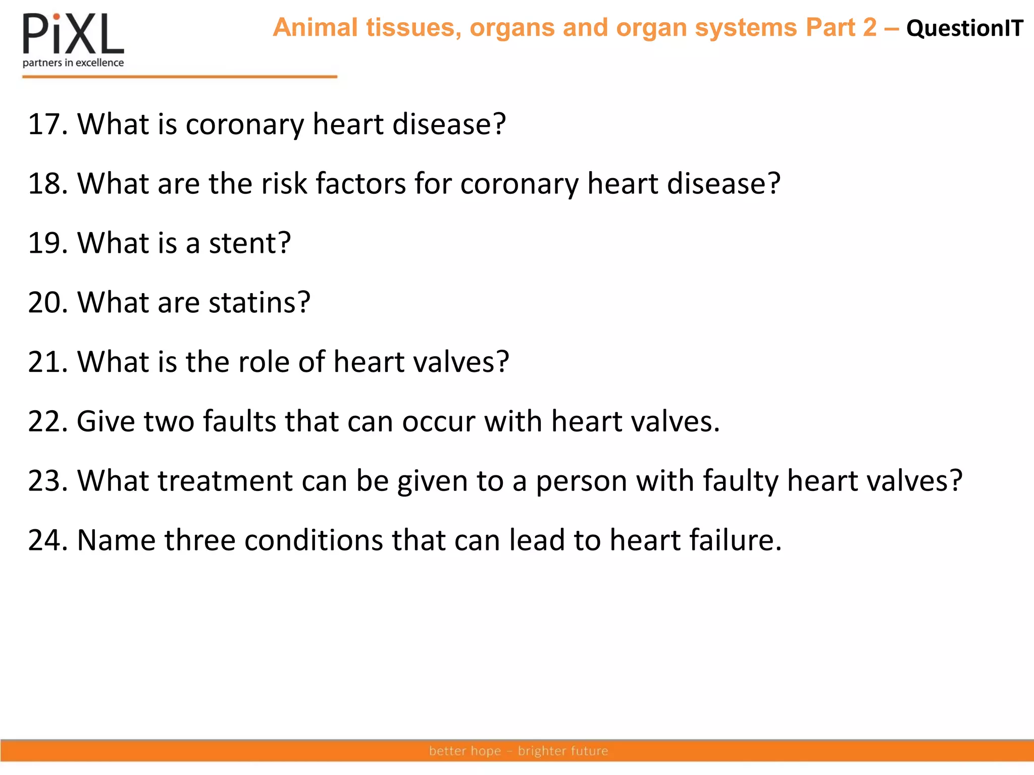 Animal tissues, organs and organ systems Part 2 – QuestionIT
17. What is coronary heart disease?
18. What are the risk factors for coronary heart disease?
19. What is a stent?
20. What are statins?
21. What is the role of heart valves?
22. Give two faults that can occur with heart valves.
23. What treatment can be given to a person with faulty heart valves?
24. Name three conditions that can lead to heart failure.
 