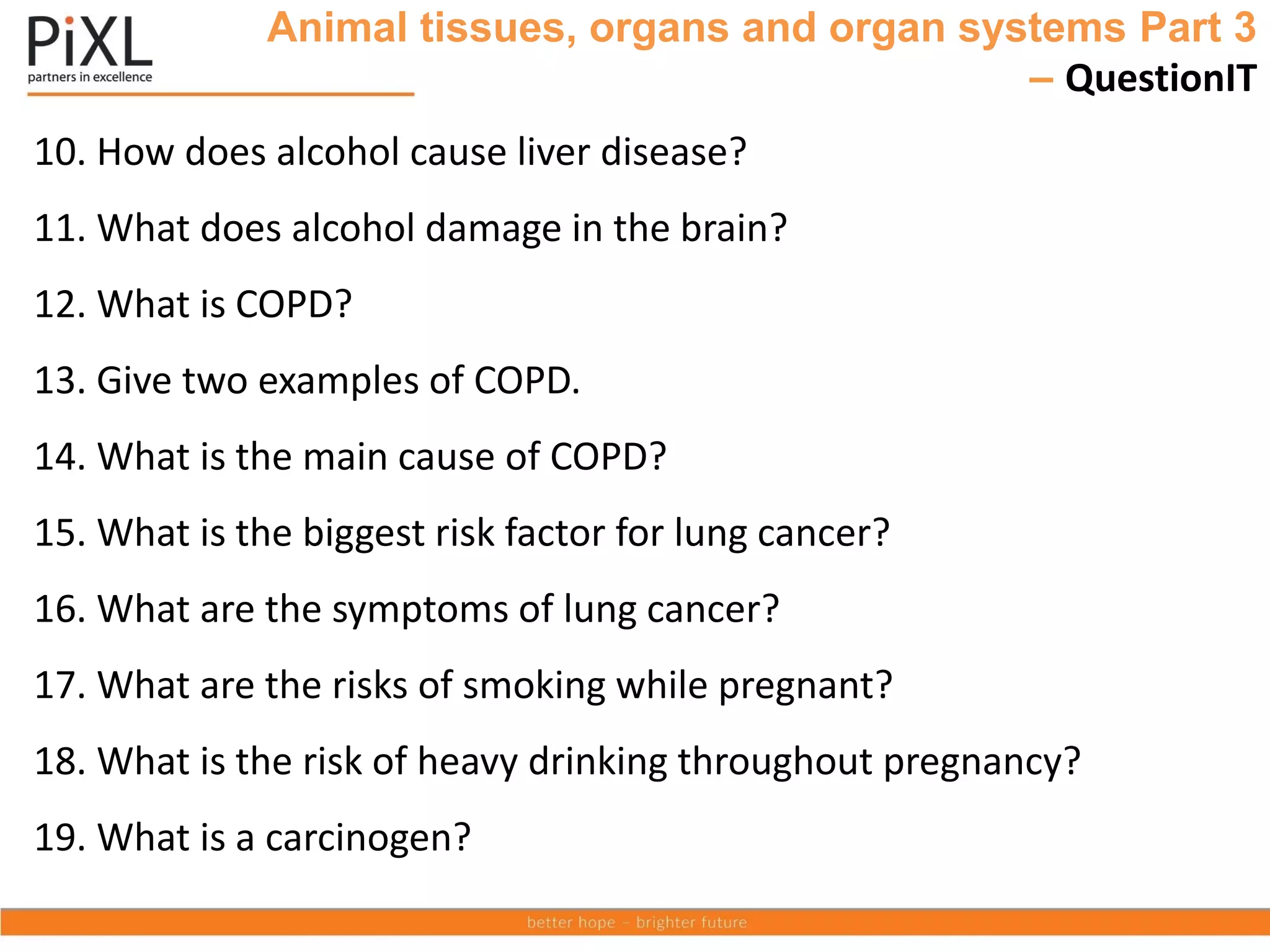Animal tissues, organs and organ systems Part 3
– QuestionIT
10. How does alcohol cause liver disease?
11. What does alcohol damage in the brain?
12. What is COPD?
13. Give two examples of COPD.
14. What is the main cause of COPD?
15. What is the biggest risk factor for lung cancer?
16. What are the symptoms of lung cancer?
17. What are the risks of smoking while pregnant?
18. What is the risk of heavy drinking throughout pregnancy?
19. What is a carcinogen?
 