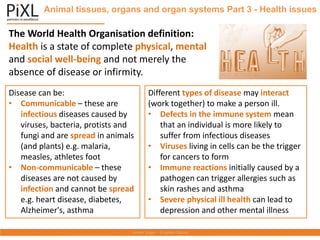 Animal tissues, organs and organ systems Part 3 - Health issues
The World Health Organisation definition:
Health is a state of complete physical, mental
and social well-being and not merely the
absence of disease or infirmity.
Disease can be:
• Communicable – these are
infectious diseases caused by
viruses, bacteria, protists and
fungi and are spread in animals
(and plants) e.g. malaria,
measles, athletes foot
• Non-communicable – these
diseases are not caused by
infection and cannot be spread
e.g. heart disease, diabetes,
Alzheimer's, asthma
Different types of disease may interact
(work together) to make a person ill.
• Defects in the immune system mean
that an individual is more likely to
suffer from infectious diseases
• Viruses living in cells can be the trigger
for cancers to form
• Immune reactions initially caused by a
pathogen can trigger allergies such as
skin rashes and asthma
• Severe physical ill health can lead to
depression and other mental illness
 
