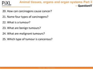 Animal tissues, organs and organ systems Part 3
– QuestionIT
20. How can carcinogens cause cancer?
21. Name four types of carcinogens?
22. What is a tumour?
23. What are benign tumours?
24. What are malignant tumours?
25. Which type of tumour is cancerous?
 