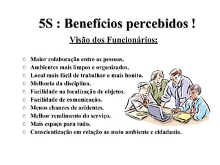 5
5S
S :
: B
Be
en
ne
ef
fí
íc
ci
io
os
s p
pe
er
rc
ce
eb
bi
id
do
os
s !
!
Visão dos Funcionários:
 Maior colaboração entre as pessoas.
 Ambientes mais limpos e organizados.
 Local mais fácil de trabalhar e mais bonito.
 Melhoria da disciplina.
 Facilidade na localização de objetos.
 Facilidade de comunicação.
 Menos chances de acidentes.
 Melhor rendimento do serviço.
 Mais espaço para tudo.
 Conscientização em relação ao meio ambiente e cidadania.
 