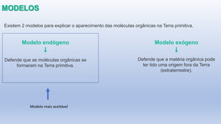 Existem 2 modelos para explicar o aparecimento das moléculas orgânicas na Terra primitiva.
Modelo endógeno
Defende que as moléculas orgânicas se
formaram na Terra primitiva.
Defende que a matéria orgânica pode
ter tido uma origem fora da Terra
(extraterrestre).
Modelo exógeno
Modelo mais aceitável
 
