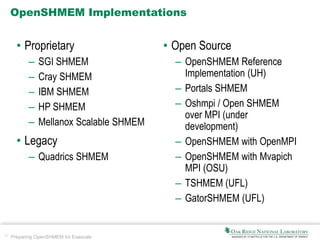 17 Preparing OpenSHMEM for Exascale
OpenSHMEM Implementations
• Proprietary
– SGI SHMEM
– Cray SHMEM
– IBM SHMEM
– HP SHMEM
– Mellanox Scalable SHMEM
• Legacy
– Quadrics SHMEM
• Open Source
– OpenSHMEM Reference
Implementation (UH)
– Portals SHMEM
– Oshmpi / Open SHMEM
over MPI (under
development)
– OpenSHMEM with OpenMPI
– OpenSHMEM with Mvapich
MPI (OSU)
– TSHMEM (UFL)
– GatorSHMEM (UFL)
 