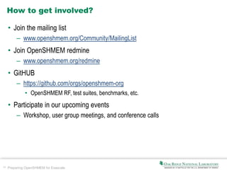 39 Preparing OpenSHMEM for Exascale
How to get involved?
• Join the mailing list
– www.openshmem.org/Community/MailingList
• Join OpenSHMEM redmine
– www.openshmem.org/redmine
• GitHUB
– https://github.com/orgs/openshmem-org
• OpenSHMEM RF, test suites, benchmarks, etc.
• Participate in our upcoming events
– Workshop, user group meetings, and conference calls
 