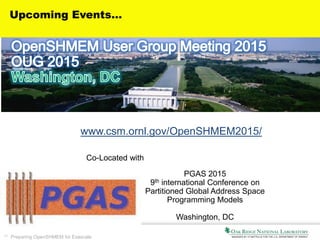 41 Preparing OpenSHMEM for Exascale
www.csm.ornl.gov/OpenSHMEM2015/
Co-Located with
PGAS 2015
9th international Conference on
Partitioned Global Address Space
Programming Models
Washington, DC
Upcoming Events…
 