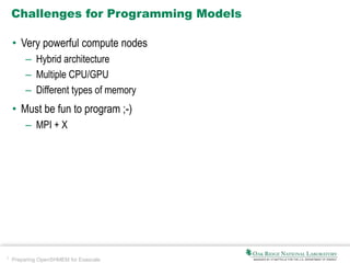 7 Preparing OpenSHMEM for Exascale
Challenges for Programming Models
• Very powerful compute nodes
– Hybrid architecture
– Multiple CPU/GPU
– Different types of memory
• Must be fun to program ;-)
– MPI + X
 