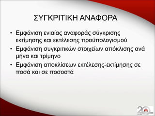 ΣΥΓΚΡΙΤΙΚΗ ΑΝΑΦΟΡΑ
• Εμφάνιση ενιαίας αναφοράς σύγκρισης
εκτίμησης και εκτέλεσης προϋπολογισμού
• Εμφάνιση συγκριτικών στοιχείων απόκλισης ανά
μήνα και τρίμηνο
• Εμφάνιση αποκλίσεων εκτέλεσης-εκτίμησης σε
ποσά και σε ποσοστά

 