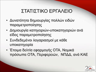 ΣΤΑΤΙΣΤΙΚΟ ΕΡΓΑΛΕΙΟ
• Δυνατότητα δημιουργίας πολλών ειδών
παραμετροποίησης
• Δημιουργία κατηγοριών-υποκατηγοριών ανά
είδος παραμετροποίησης
• Συνδεδεμένοι λογαριασμοί με κάθε
υποκατηγορία
• Έτοιμα δελτία εφαρμογής ΟΤΑ, Νομικά
πρόσωπα ΟΤΑ, Περιφερειών, ΝΠΔΔ, ανά ΚΑΕ

 