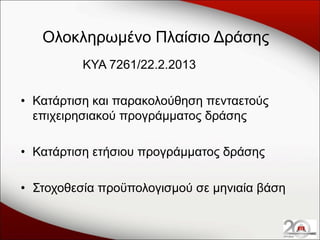 Ολοκληρωμένο Πλαίσιο Δράσης
ΚΥΑ 7261/22.2.2013

• Κατάρτιση και παρακολούθηση πενταετούς
επιχειρησιακού προγράμματος δράσης
• Κατάρτιση ετήσιου προγράμματος δράσης

• Στοχοθεσία προϋπολογισμού σε μηνιαία βάση

 