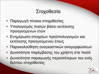Στοχοθεσία
• Παραγωγή πίνακα στοχοθεσίας
• Υπολογισμός ποσών βάσει εκτέλεσης
προηγούμενων ετών
• Ενημέρωση στοιχείων προϋπολογισμών και
εκτέλεσης προηγούμενου έτους
• Παρακολούθηση αναγκαστικών αναμορφώσεων
• Δυνατότητα παρέμβασης του χρήστη στα ποσά
• Δυνατότητα παραγωγής περισσότερων του ενός
δελτίου στοχοθεσίας

 