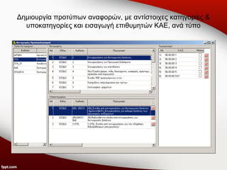 Δημιουργία προτύπων αναφορών, με αντίστοιχες κατηγορίες &
υποκατηγορίες και εισαγωγή επιθυμητών ΚΑΕ, ανά τύπο

 